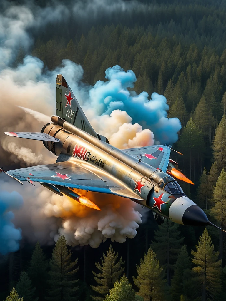 a mig-21 fighter jet, side view, flying high over lush pine forest, morning, burning tail, plane on fire, 1960s, hyperrealistic, photorealistic, 8k, ultra-detailed, cinematic lighting, dramatic, highly detailed aircraft, realistic smoke and flames, intricate details, vibrant colors, beautiful landscape, realistic textures, volumetric lighting