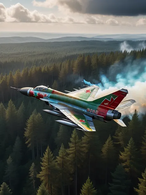 a mig-21 fighter jet, side view, flying high over lush pine forest, morning, burning tail, plane on fire, 1960s, hyperrealistic,...