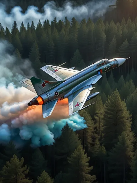 a mig-21 fighter jet, side view, flying high over lush pine forest, morning, burning tail, plane on fire, 1960s, hyperrealistic,...