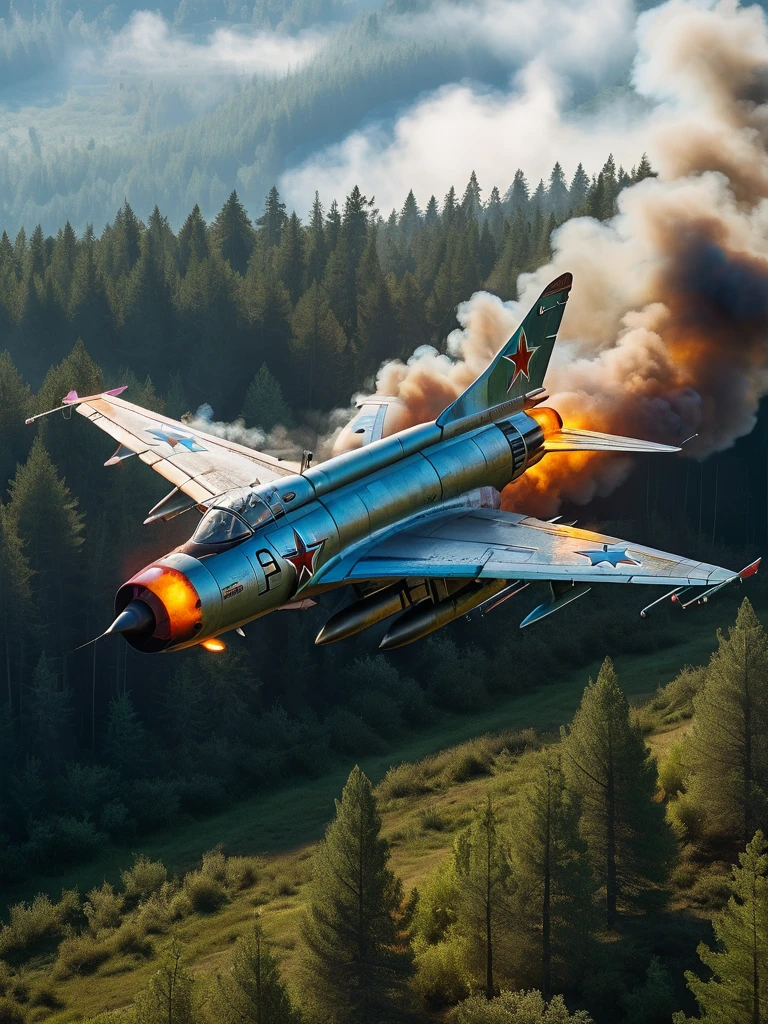 a mig-21 fighter jet, side view, flying high over lush pine forest, morning, burning tail, plane on fire, 1960s, hyperrealistic, photorealistic, 8k, ultra-detailed, cinematic lighting, dramatic, highly detailed aircraft, realistic smoke and flames, intricate details, vibrant colors, beautiful landscape, realistic textures, volumetric lighting