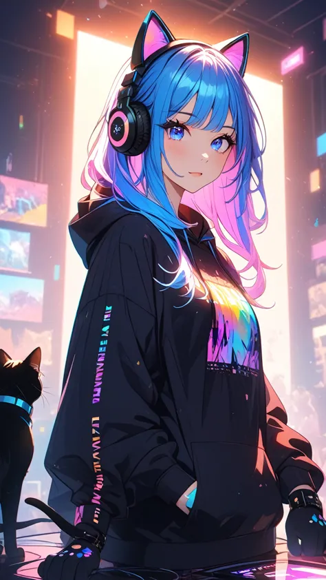 masterpiece,bestquality,superwideangle,fingeraudience,1girl,cat paws gloves, cat headphones,hoodie,pinkandbluehair,hand,cuteanim...