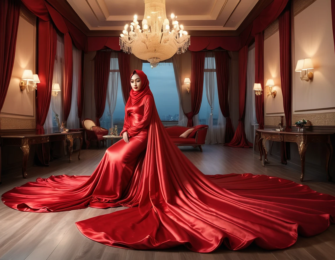 A woman shrouded in a 4-meter-long, plush red satin cloth, tightly bound and grandly draping along the form of her body, flowing off into a pooled floor-length train, styled in a mermaid-inspired outfit, her head modestly veiled in a satin hijab, a full-body pose conveying a sense of mysterious elegance, in luxury bed room, mosquito net, captured in a 4k resolution, ultra-realistic