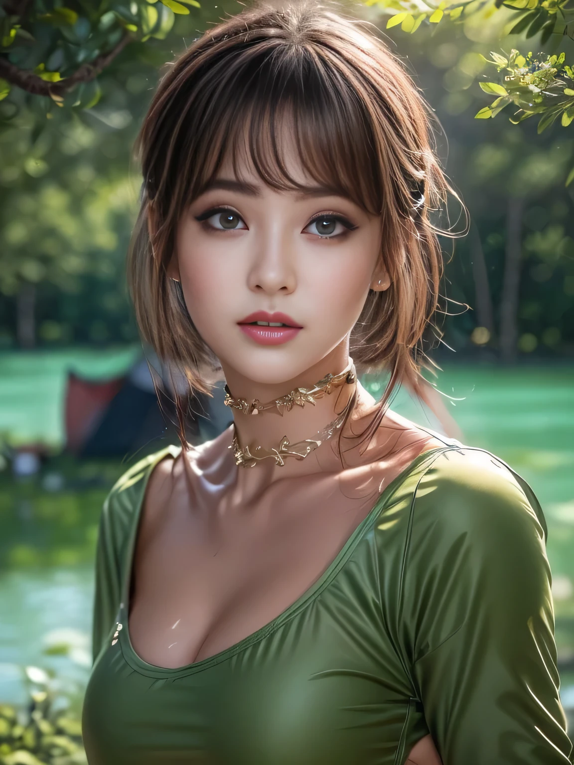 Very beautiful woman, Highly detailed eyes, Highly detailed face, Sexy and highly detailed lips, Super detailed everything, Attractive woman, Black choker, blue eyes, Very long eyelashes, bangs, Big Breasts, , Highest quality, masterpiece, ((Slim face)), Japanese actress, servant, ((High nose)), ((bikini), Happy atmosphere, , ((forest, lake)), ((camp、tent))，Bathing