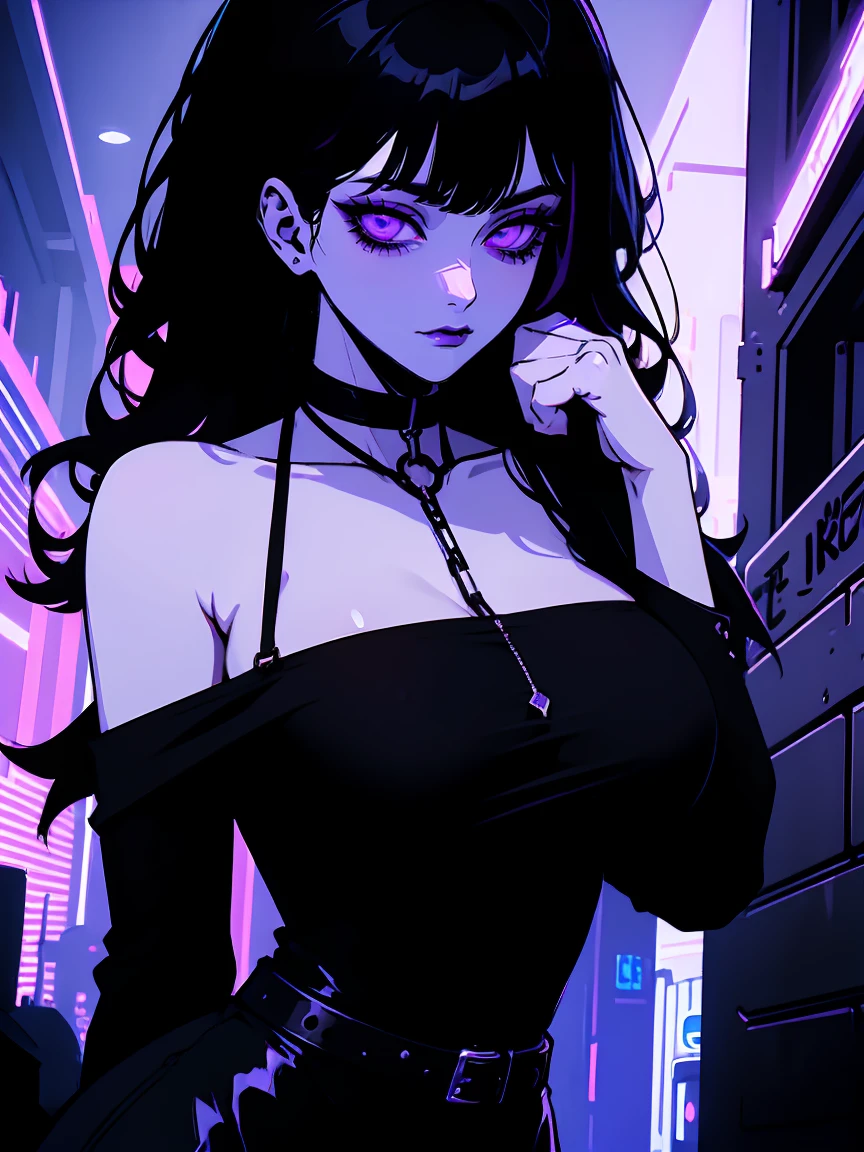 a girl, 1girl, long black hair, side swept bangs, dark purple eyes, black oversized shirt, no bottom, black choker on neck, torso grab, pov hands, neon palette, dark lighting, high contrast, cinematic, photorealistic, 8k, ultra-detailed, professional, masterpiece, hyperrealistic