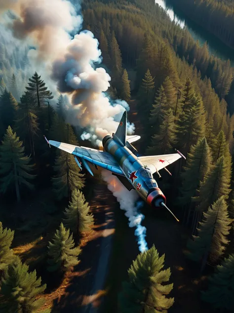 a mig-21 fighter jet, view from above, flying high over lush pine forest, morning, burning tail, plane on fire, 1960s, high alti...