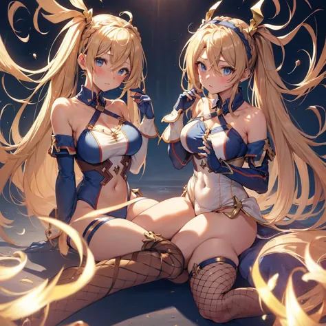 bradamante, blonde, blue eyes, braiding, french braiding, long hair, twin tails, both sides up,
covered navel, elbow gloves, glo...