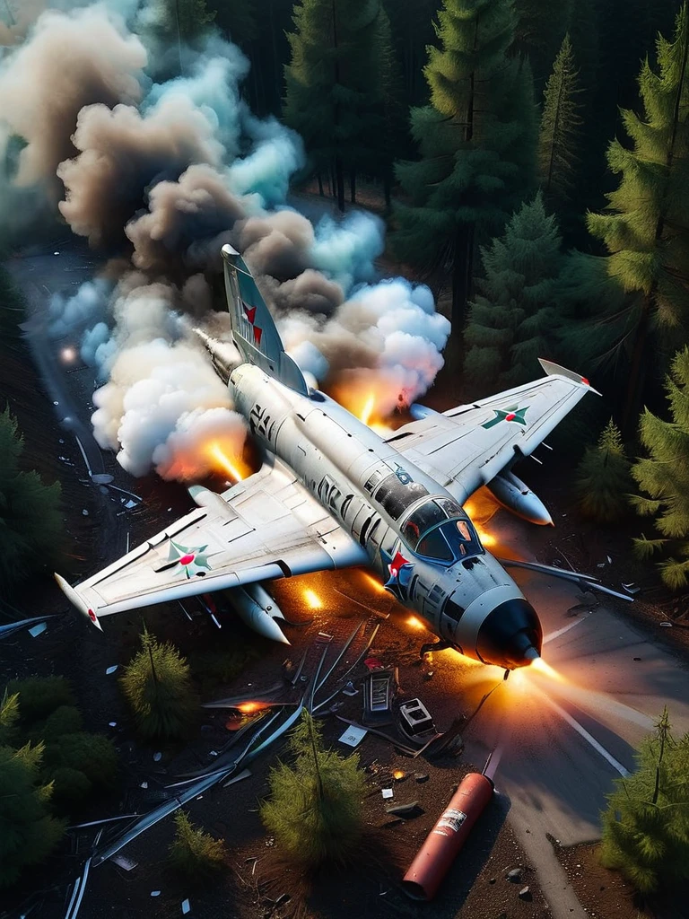 a mig-21 fighter jet, view from above, flying high over lush pine forest, morning, burning tail, plane on fire, 1960s, high altitude, engine fire, engine smoke, engine damage, fuselage damage, hyperrealistic, photorealistic, 8k, ultra-detailed, cinematic lighting, dramatic, highly detailed aircraft, realistic smoke and flames, intricate details, vibrant colors, beautiful landscape, realistic textures, volumetric lighting