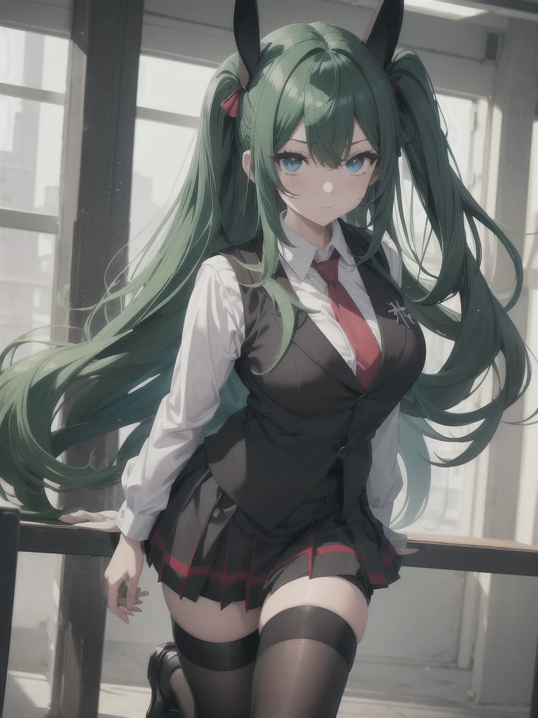 MikaItoBBXL, blue eyes, green hair, long hair, parted bangs, black rabbit ears, medium breasts, school uniform, black vest, strap, white shirt, red necktie, red skirt, black thighhighs, brown shoes