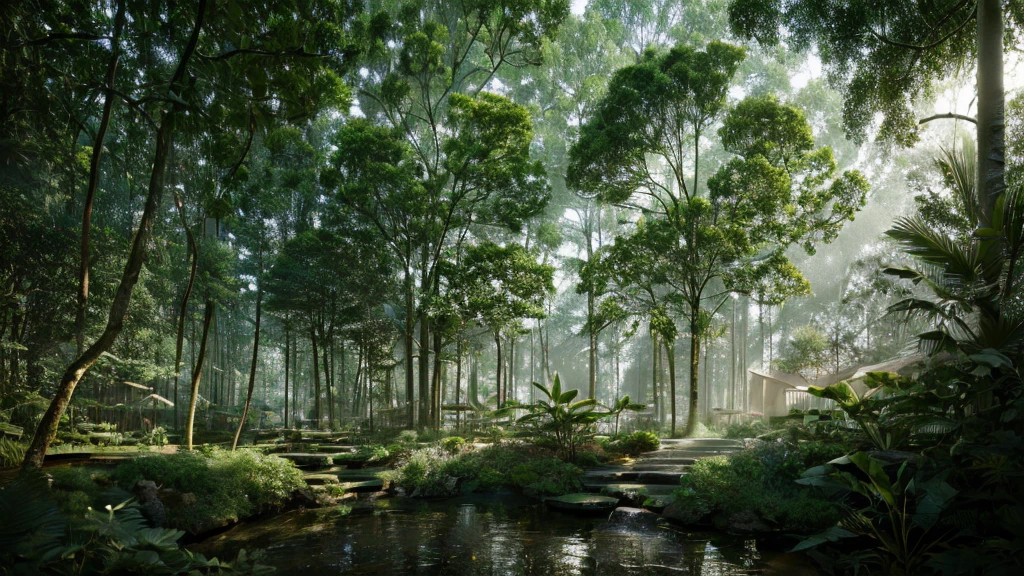 A lush, verdant forest with towering trees, dense foliage, and a meandering stream, sunbeams filtering through the canopy, photorealistic, hyper-detailed, 8k, HDR, physically-based rendering, masterpiece, cinematic lighting, dramatic shadows, vibrant colors, serene atmosphere