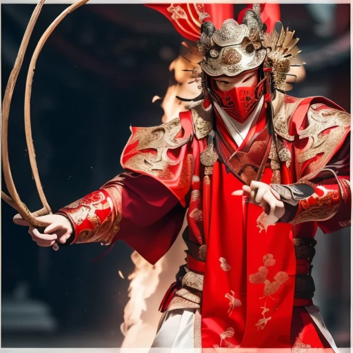 A close up of a Chinese warrior wearing a red mask and holding a whip, chinese mythology, traditional chinese, chinese warrior, ornate mask and crimson fabric, magic, wuxia