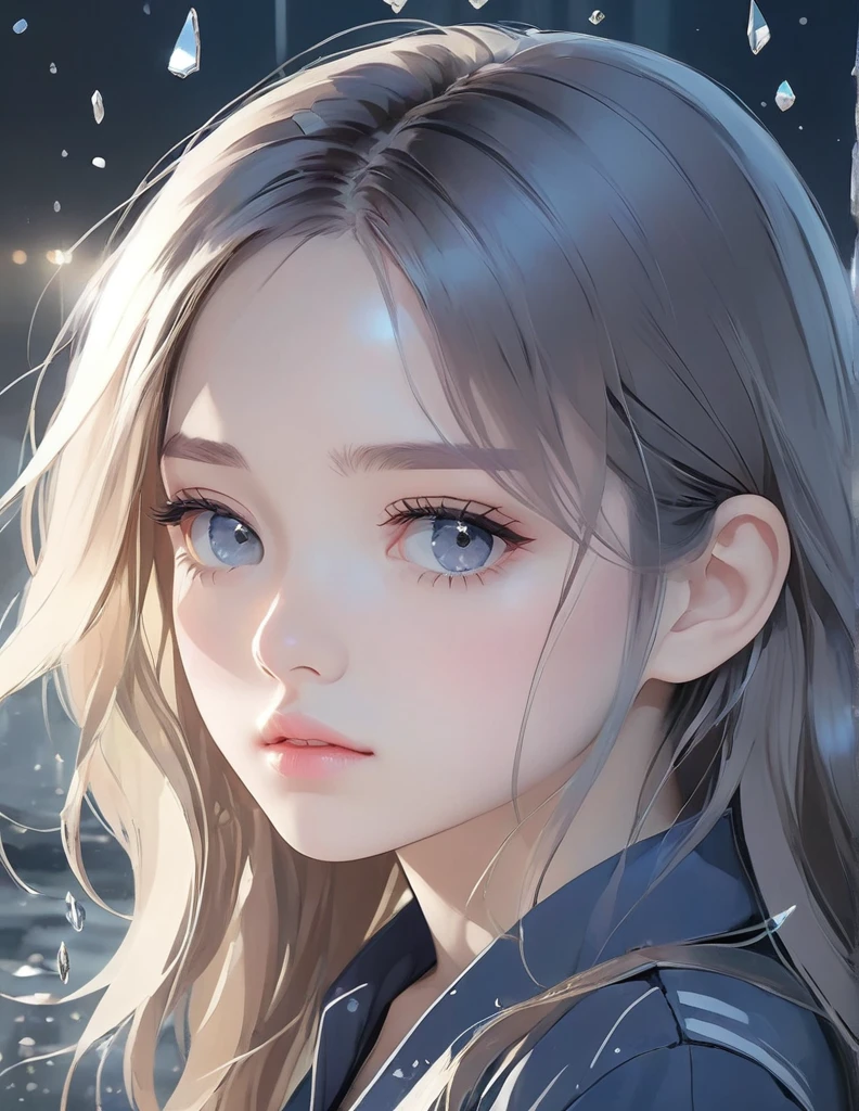 (Anime Style:1.4),Soft pictorial touches、超High resolution, Attention to detail, high quality, High resolution, 最high quality, 4K, 8k,Poster、artwork、Works by famous artists、Stylish and cool piece、Girl reflected in broken glass、Front view、face、Put your right hand on your cheek、Sad expression、Hairstyle、Cute Girls