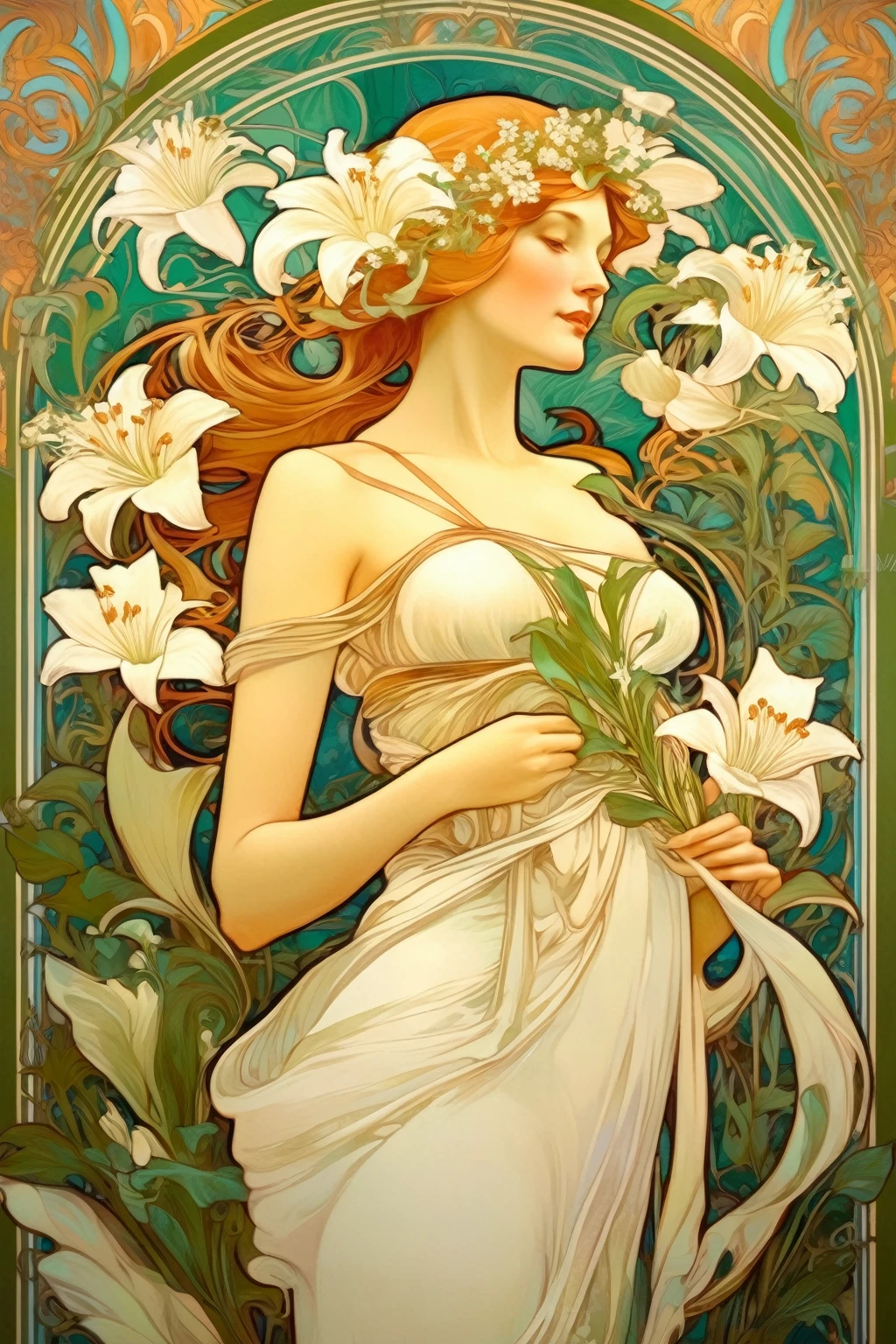 8k.Illustration d’affiche dans le style d’Alphonse Mucha, Peinture à plat, Belle femme scandinave avec un bouquet de lys blancs、,Corps entier comme,corps mince, Art Nouveau, Plantes en arrière-plan,seins en bonnet C、 dessus de la table, Alphonse Mucha, détails élevés