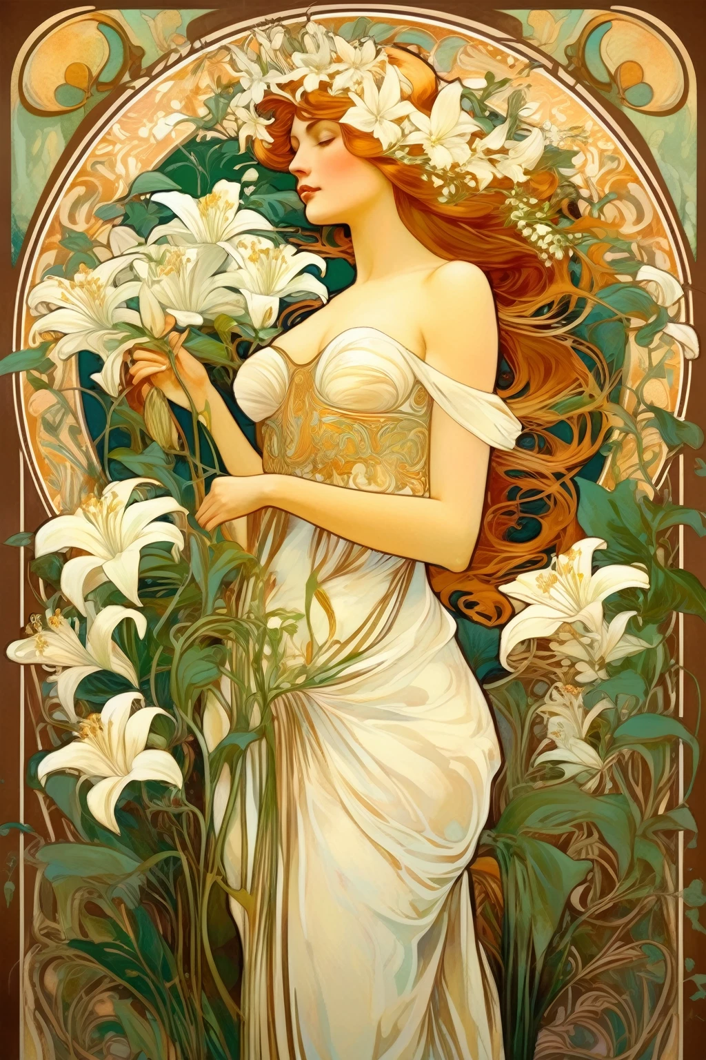 8k.Illustration d’affiche dans le style d’Alphonse Mucha, Peinture à plat, Belle femme scandinave avec un bouquet de lys blancs、,Corps entier comme,corps mince, Art Nouveau, Plantes en arrière-plan,seins en bonnet C、 dessus de la table, Alphonse Mucha, détails élevés