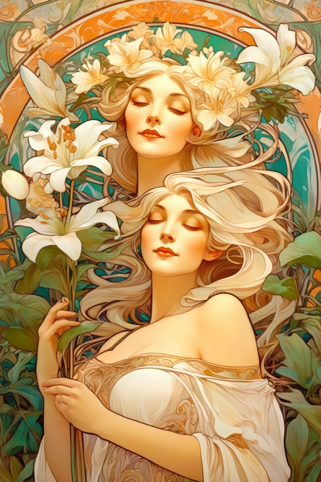 8k.Illustration d’affiche dans le style d’Alphonse Mucha, Peinture à plat, Belle femme scandinave avec un bouquet de lys blancs、cheveux blancs, oreilles de lapin, Corps entier comme,corps mince, Art Nouveau, Plantes en arrière-plan,seins en bonnet C、 dessus de la table, Alphonse Mucha, détails élevés