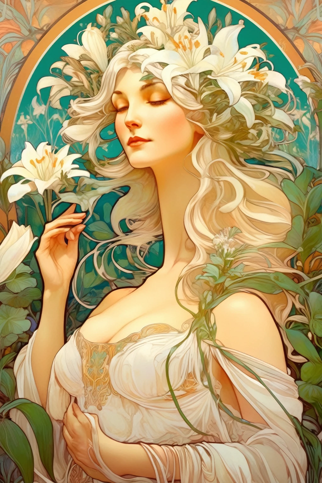 8k.Illustration d’affiche dans le style d’Alphonse Mucha, Peinture à plat, Belle femme scandinave avec un bouquet de lys blancs、cheveux blancs, oreilles de lapin, Corps entier comme,corps mince, Art Nouveau, Plantes en arrière-plan,seins en bonnet C、 dessus de la table, Alphonse Mucha, détails élevés