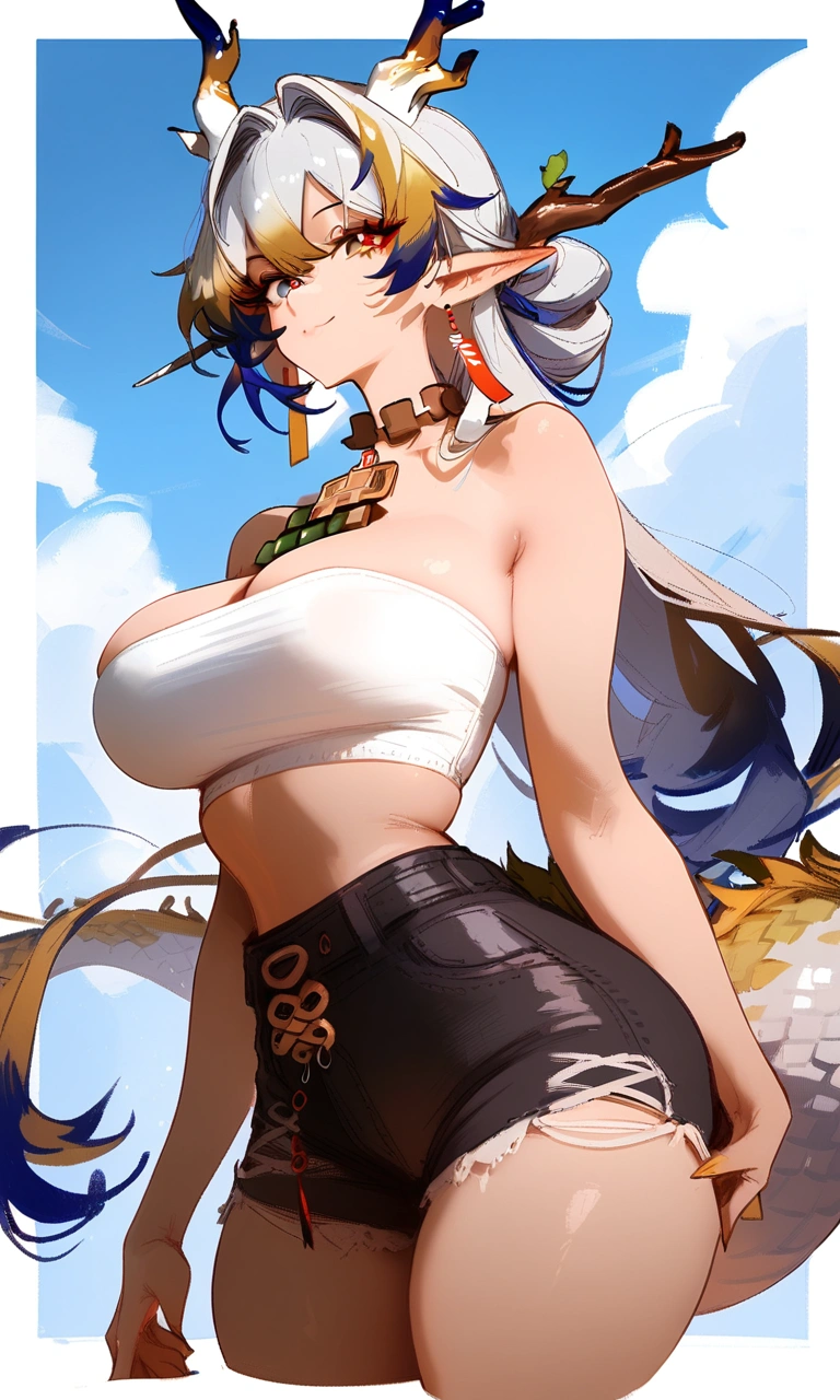 1girl, shu \(arknights\), arknights \\\\\ masterpiece, best quality, very aesthetic, absurdres, newest, newest, horns, ///// , , by khyle, cutesexyrobutts, nyantcha \\\\\ narrow waist, highres, absurdes.,,,big breasts, dragon_girl, cropped legs, sky, clouds, dragon tail, light blue eyes, smile, tube top, shorts, outside border, red pupils, bare neck