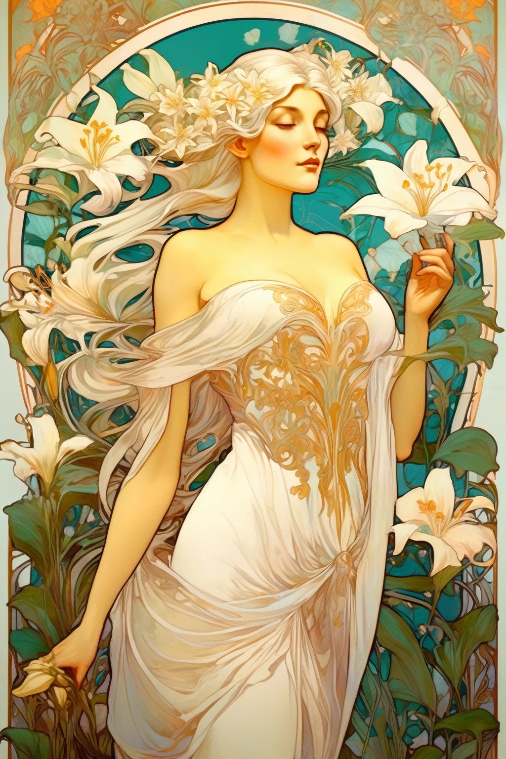 8k.Illustration d’affiche dans le style d’Alphonse Mucha, Peinture à plat, Belle femme scandinave avec un bouquet de lys blancs、cheveux blancs, Corps entier comme,corps mince, Art Nouveau, Plantes en arrière-plan,seins en bonnet C、 dessus de la table, Alphonse Mucha, détails élevés