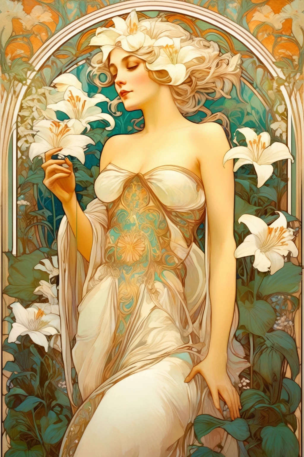 8k.Illustration d’affiche dans le style d’Alphonse Mucha, Peinture à plat, Belle femme scandinave avec un bouquet de lys blancs、cheveux blancs, Corps entier comme,corps mince, Art Nouveau, Plantes en arrière-plan,seins en bonnet C、 dessus de la table, Alphonse Mucha, détails élevés