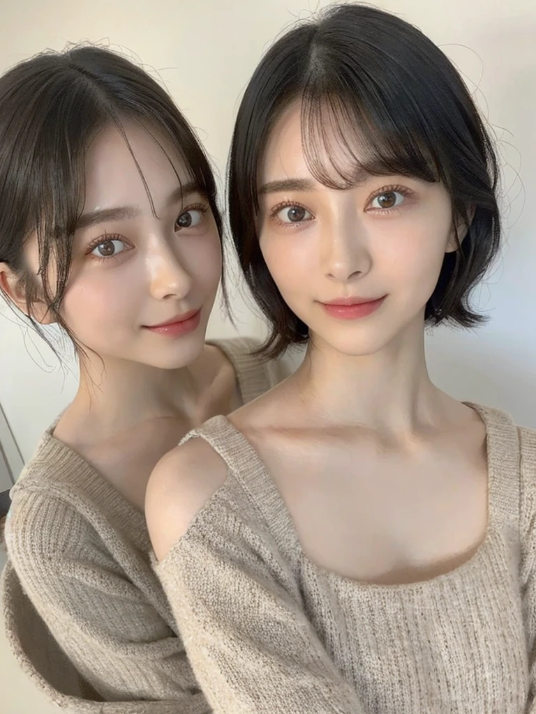 (masterpiece:1.3), (8k, Photoreal, Raw photo, best image quality: 1.4), Japanese high school girl、(random hairstyle:1.2)、cleavage:1.5、super detail face、eye for details、double eyelid、chest to chest、sharp focus:1.2、Beautiful woman:1.4、light brown hair、highest quality、masterpiece、超A high resolution、(Photoreal:1.4)、Highly detailed and professionally lit smiles、loose and light knitwear、shoulder out、thin、serious expression、short haired、deadly position
similar identical twins
All the girls have the exact same face, The two have the same face and figure, as if they were mirror images.