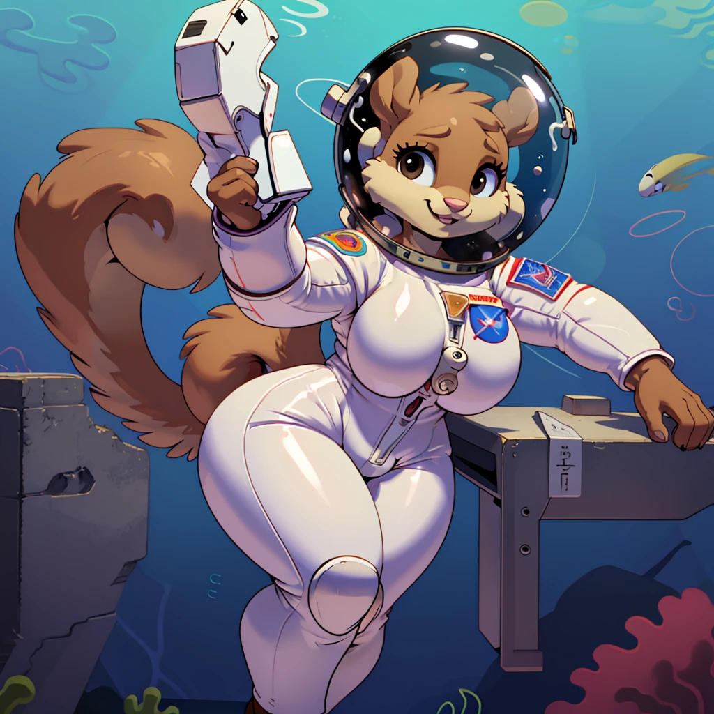 (masterpiece), ((perfect anatomy)), (high Res), (4k), squirrel, huge breast, wide hips, (((astronaut suit))), underwater, happy, (cute artstyle), (((solo))), narrow waist, black eyes, bimbo