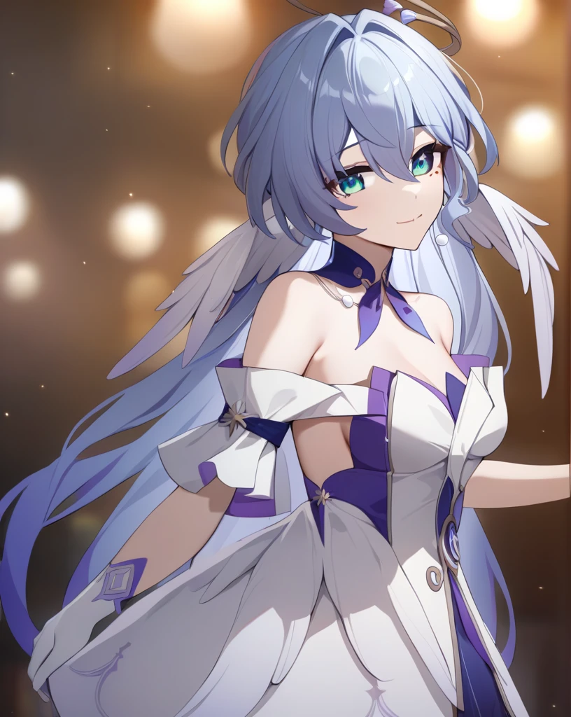 masterpiece,best quality,robin_(honkai:_star_rail), head_wings, angel, virtual_youtuber, 1girl, white_wings, looking_at_viewer, halo, wings, upper_body, solo, blurry_background, closed_mouth, dress, bare_shoulders, smile_ singing full body