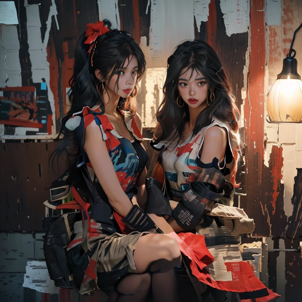 A serene evening atmosphere in a small studio with peeling white walls revealing the bricks underneath. The lighting is ample. A young female artist of Thai- Chinese descent, with dreadlocks and large headphones, is dressed in a Bohemian-style shirt and denim shorts. She is painting an oil portrait of a voluptuous woman with long copper hair adorned with a crown. The artist, with a calm demeanor, carefully blends vibrant colors, reflecting elegance and beauty. The backdrop of the small studio is filled with brushes, palettes, a coffee cup, and an ashtray with a lit cigarette. The evening sunlight adds depth and dimension to the scene.