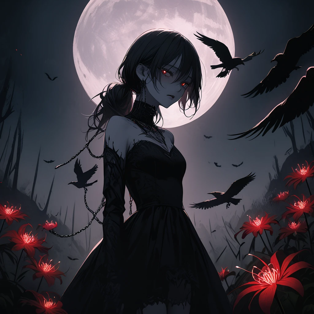 （Dark and scary atmosphere,Gothic Fashion,Dark colors）,（Highest quality，Super exquisite item）,Very sexy vampire girl,A large number of red spider lilies in full bloom on a red full moon night,Beautiful and delicate eyes,Beautiful black straight ponytail,Crow's feathers,Pale skin,No clothes on,naked,The moonlight illuminates her silhouette,A fantastic background created by darkness and moonlight,She is a tall girl who looks like an adult.,A crow is flying,Crow's feathersが舞う,Are standing,Deep foggy forest behind,（Courtesy）,((The shadows of several hanged bodies in the forest behind)),A flock of crows swarming around a corpse,Chained,Hanged by a chain around the neck,Hanging