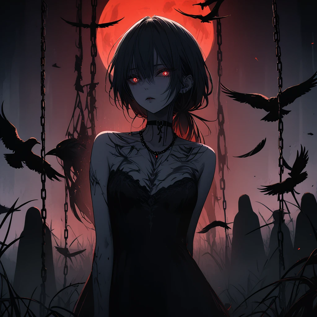 （Dark and scary atmosphere,Gothic Fashion,Dark colors）,（Highest quality，Super exquisite item）,Very sexy vampire girl,A large number of red spider lilies in full bloom on a red full moon night,Beautiful and delicate eyes,Beautiful black straight ponytail,Crow's feathers,Pale skin,No clothes on,naked,The moonlight illuminates her silhouette,A fantastic background created by darkness and moonlight,She is a tall girl who looks like an adult.,A crow is flying,Crow's feathersが舞う,Are standing,Deep foggy forest behind,（Courtesy）,((The shadows of several hanged bodies in the forest behind)),A flock of crows swarming around a corpse,Chained,Hanged by a chain around the neck,Hanging