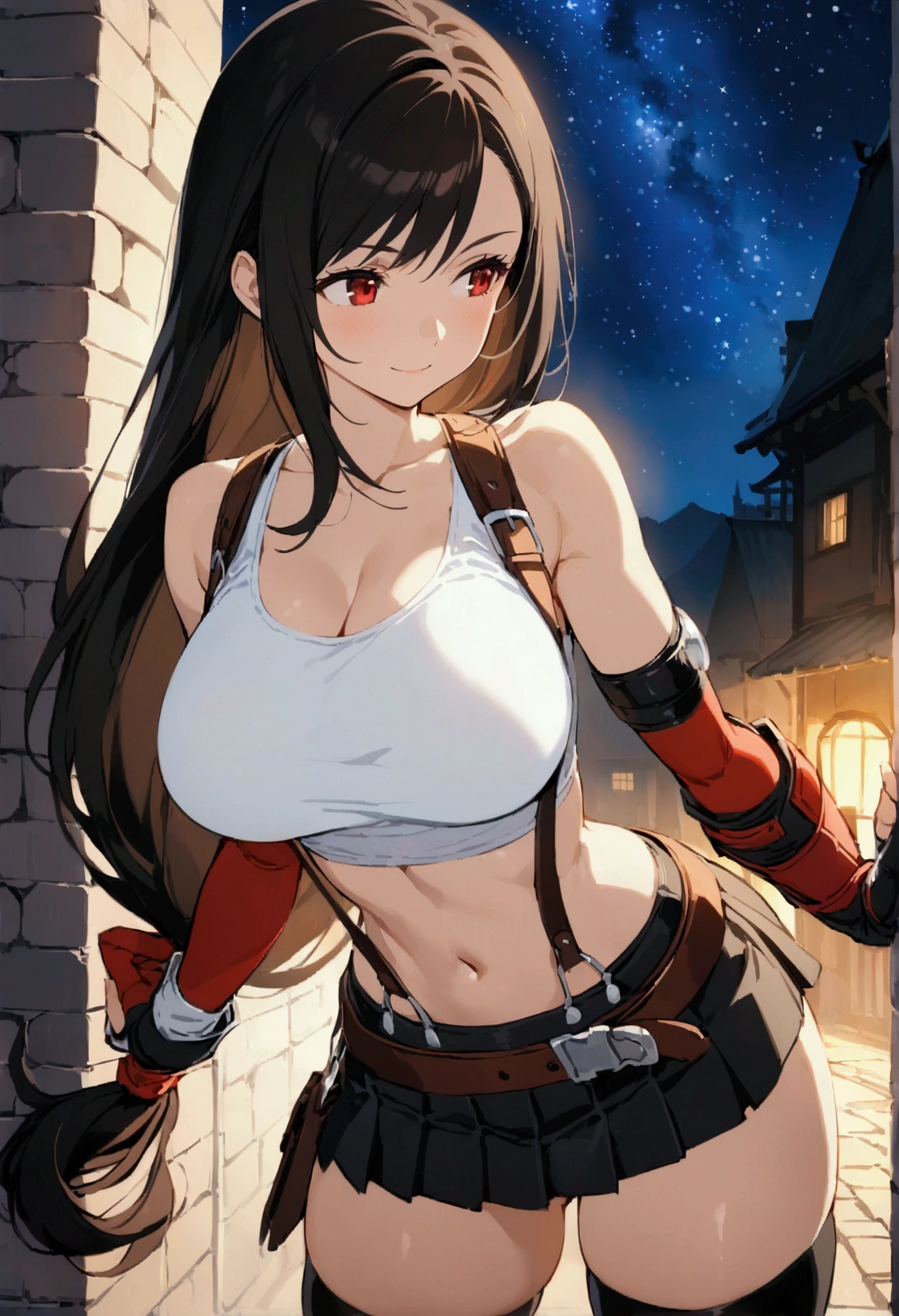 score_9,score_8_up,score_7_up,BREAK source_anime, masterpiece, best quality, (recent), perfect anatomy, very aesthetic,anime style,upperbody,,Solo,1girl, tifa lockhart, final fantasy,black hair, low-tied long hair, red eyes, bangs, (white tank top,gap),(High exposure)，the ribs,belt, pleated skirt, thighhighs, elbow fingerless gloves,  midriff, navel,suspenders.skirt),beautiful waist ,(large_breast:1.3),(from ,looking away),standing,arms in sides,light smile,,,outdoor,star sky,night, skin tight,  depth of field、beautifully lit,great lighting,posing　