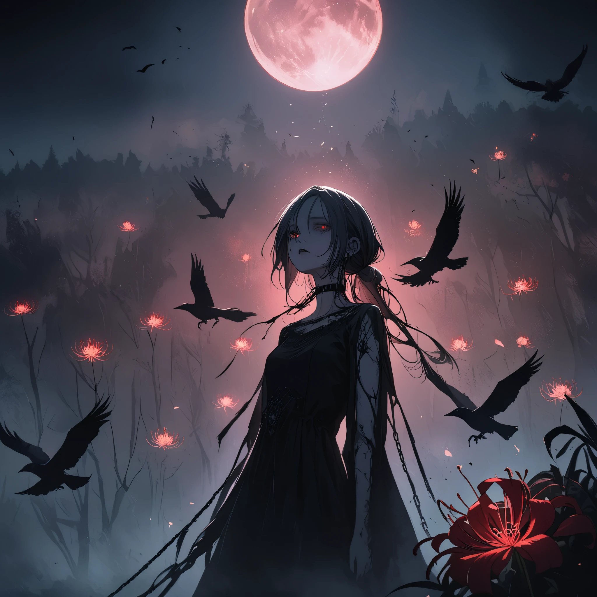 （Dark and scary atmosphere,Gothic Fashion,Dark colors）,（Highest quality，Super exquisite item）,Very sexy vampire girl,A large number of red spider lilies in full bloom on a red full moon night,Beautiful and delicate eyes,Beautiful black straight ponytail,Crow's feathers,Pale skin,No clothes on,naked,The moonlight illuminates her silhouette,A fantastic background created by darkness and moonlight,She is a tall girl who looks like an adult.,A crow is flying,Crow's feathersが舞う,Are standing,Deep foggy forest behind,（Courtesy）,((The shadows of several hanged bodies in the forest behind)),A flock of crows swarming around a corpse,Chained,Hanged by a chain around the neck,Hanging