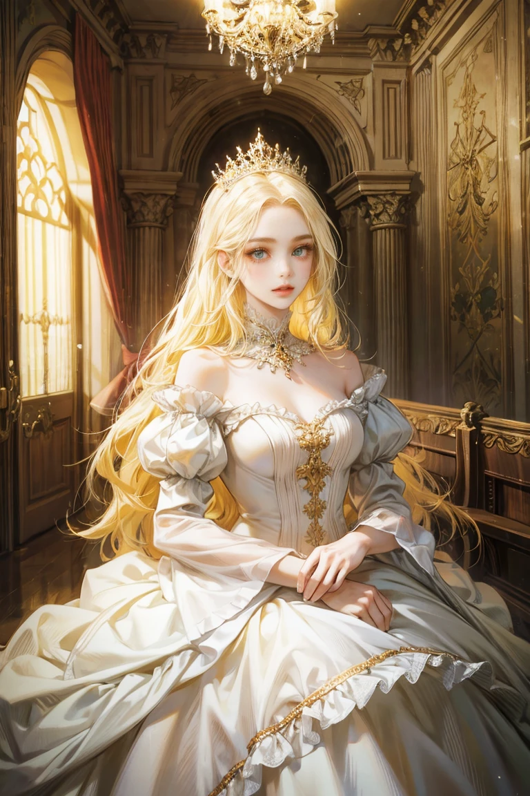 woman with long yellow hair, alone, looking at viewer, green eyes, white dress with ruffles, princess