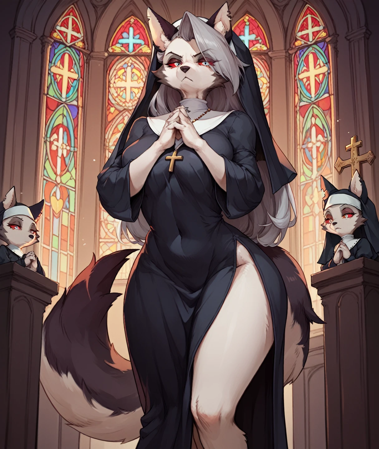 score_9,score_8_up,score_7_up, source_cartoon, kemono style, Anthro furry hellhound, loona from helluva boss, furry body, white eyes, red sclera, she looks serious, wearing sexy nuns outfit, nun hat, nun dress, exposed leg, praying, standing, ina church