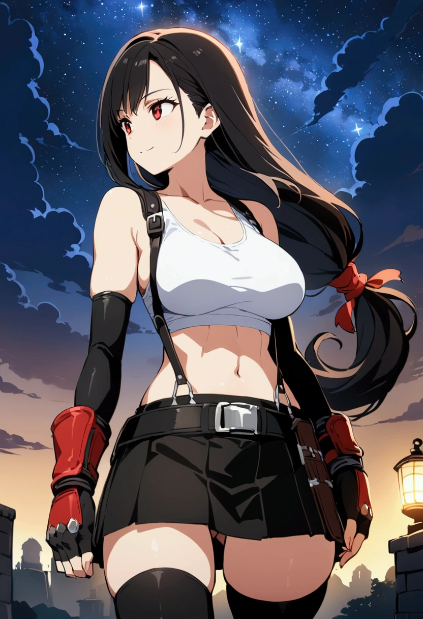 score_9,score_8_up,score_7_up,BREAK source_anime, masterpiece, best quality, (recent), perfect anatomy, very aesthetic,anime style,upperbody,,Solo,1girl, tifa lockhart, final fantasy,black hair, low-tied long hair, red eyes, bangs, (white tank top,gap),(High exposure)，the ribs,belt, pleated skirt, thighhighs, elbow fingerless gloves,  midriff, navel,suspenders.skirt),beautiful waist ,(large_breast:1.3),(from ,looking away),standing,arms in sides,light smile,,,outdoor,star sky,night, skin tight,  depth of field、beautifully lit,great lighting,posing　