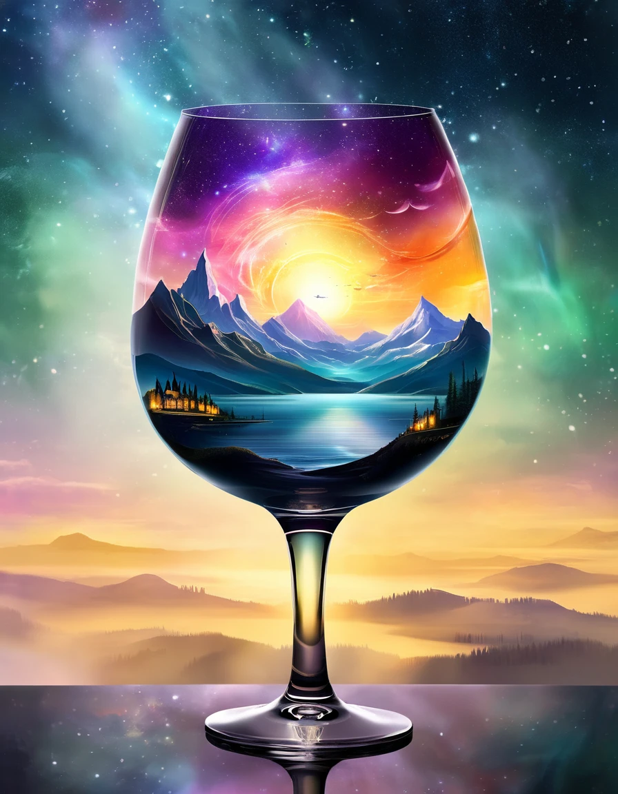 Create a celestial scene within a wine glass, featuring a surreal landscape with mountains and an aurora sky. The background includes a glowing sunset and cityscape. The style should be fantasy with ethereal elements.