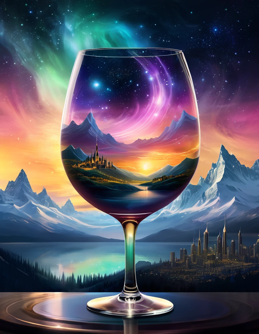 Create a celestial scene within a wine glass, featuring a surreal landscape with mountains and an aurora sky. The background includes a glowing sunset and cityscape. The style should be fantasy with ethereal elements.