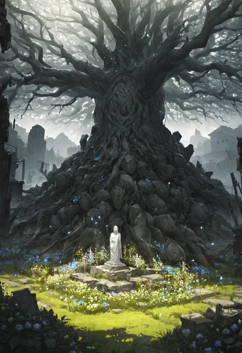 Large sacred tree in the background, sacred statue trapped in the tree between its roots, giant stone monster golem rooted in tree (dreamy landscape), abandoned village, field of flowers, Garden, Raby, brutal violence