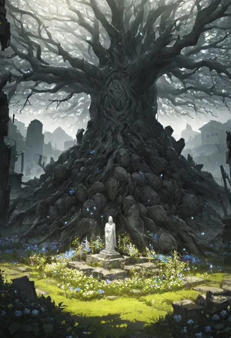 large sacred tree in the background, sacred statue trapped in the tree between its roots, giant stone monster golem rooted in tr...