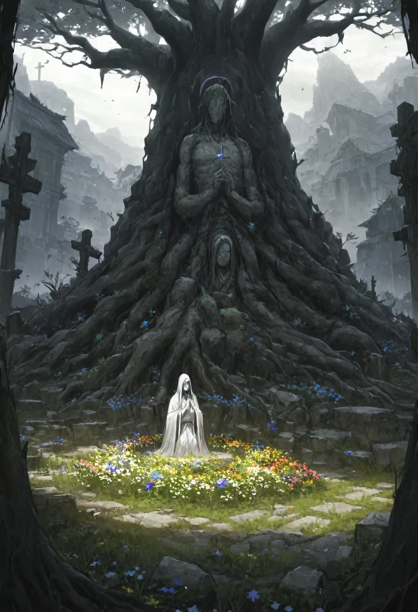 Large sacred tree in the background, sacred statue trapped in the tree between its roots, giant stone monster golem rooted in tree (dreamy landscape), abandoned village, field of flowers, Garden, Raby, brutal violence