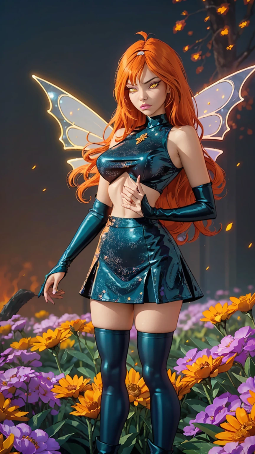 (ultra realistic,32k, masterpiece:1.2),(high detailed skin:1.1),( high quality:1.1),
Dark Bloom,rolling eyes, orange hair, very long hair, yellow eyes, boots, black skirt, gloves, black shirt, wings, sparkling clothing, thighhighs, flower field,(fire flowers:1.1), flowers,sunshine, pollen, pollen particles, blurry background,, (huge breast,large breast:1.1),(looking at viewer, standing,:1.1),(soft shaded neon light:1.1),