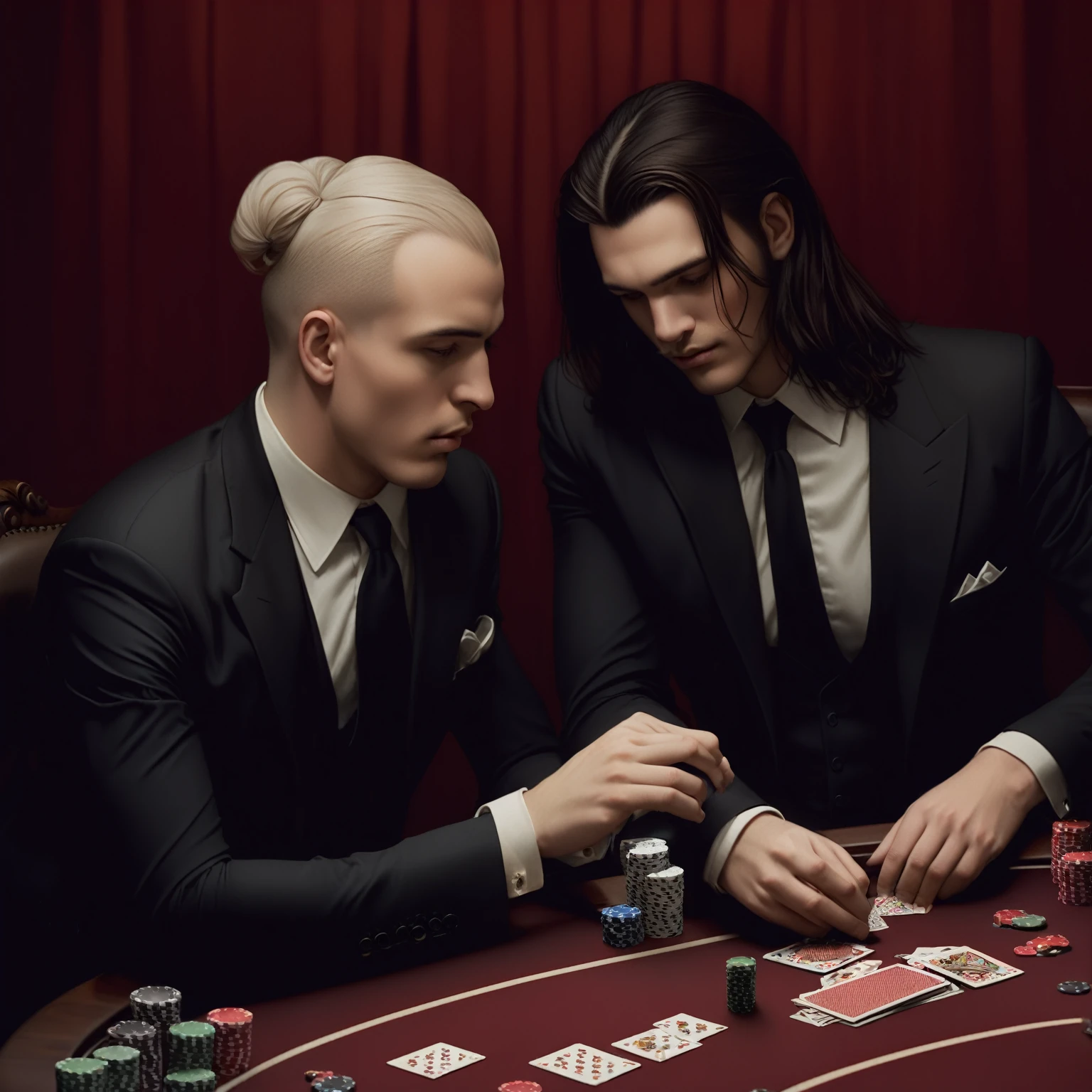 two men in suits playing cards at a casino table, darius zawadzki and tom bagshaw, playing poker, tom bagshaw and tom richmond, poker, playing poker in a saloon, yuri shwedoff and tom bagshaw, artstyle tom bagshaw, maarten schröder and tom bagshaw, donato giancola and tom bagshaw