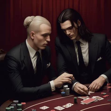 two men in suits playing cards at a casino table, darius zawadzki and tom bagshaw, playing poker, tom bagshaw and tom richmond, ...