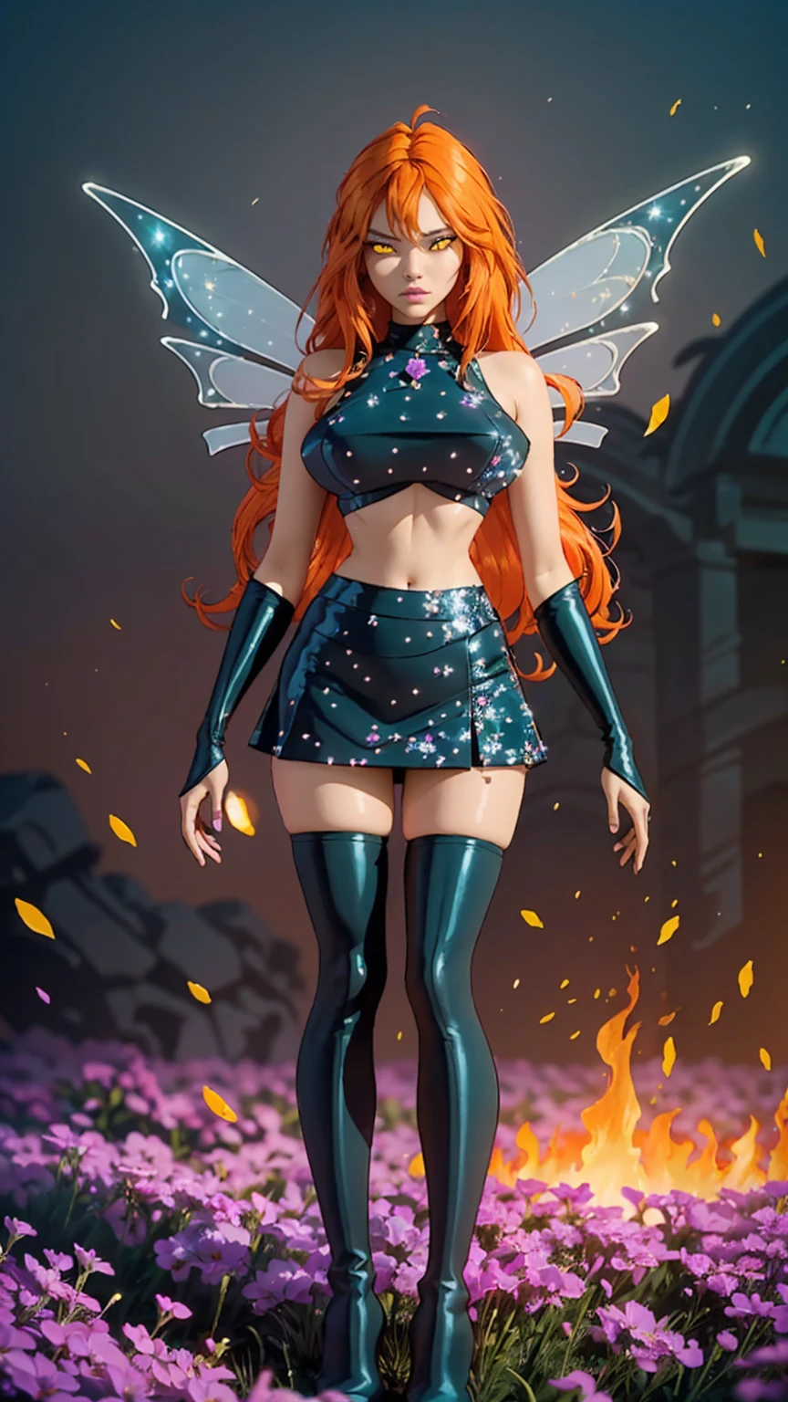 (ultra realistic,32k, masterpiece:1.2),(high detailed skin:1.1),( high quality:1.1),
Dark Bloom,rolling eyes, orange hair, very long hair, yellow eyes, boots, black skirt, gloves, black shirt, wings, sparkling clothing, thighhighs, flower field,(fire flowers:1.1), flowers,sunshine, pollen, pollen particles, blurry background,, (huge breast,large breast:1.1),(looking at viewer, standing,:1.1),(soft shaded neon light:1.1),