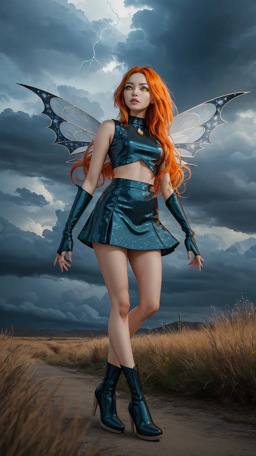 1girl, solo, ((pitiful)),Dark Bloom, orange hair, yellow eyes, boots, black skirt, gloves, black shirt, wings, sparkling clothing, masterpiece, best quality, Tweak_PrettyEyes:0.8 with a thunderstorm looming in the background, flock of migrating birds passing through