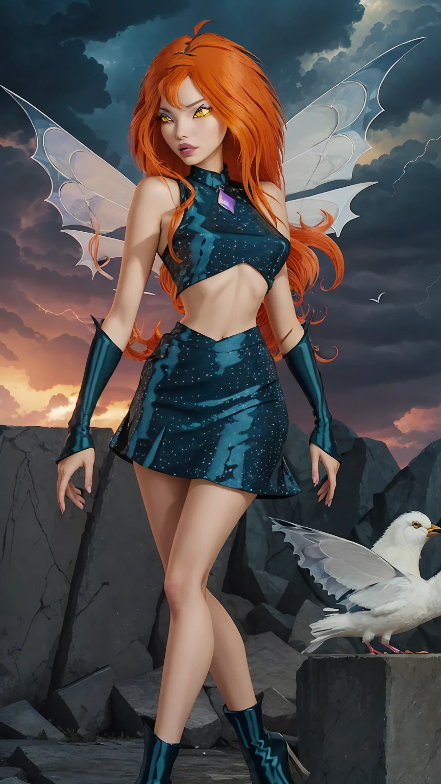 1girl, solo, ((pitiful)),Dark Bloom, orange hair, yellow eyes, boots, black skirt, gloves, black shirt, wings, sparkling clothing, masterpiece, best quality, Tweak_PrettyEyes:0.8 with a thunderstorm looming in the background, flock of migrating birds passing through