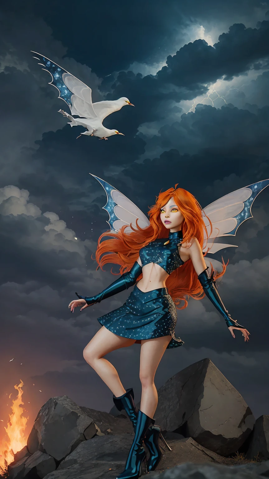 1girl, solo, ((pitiful)),Dark Bloom, orange hair, yellow eyes, boots, black skirt, gloves, black shirt, wings, sparkling clothing, masterpiece, best quality, Tweak_PrettyEyes:0.8 with a thunderstorm looming in the background, flock of migrating birds passing through, night sky, fire wings