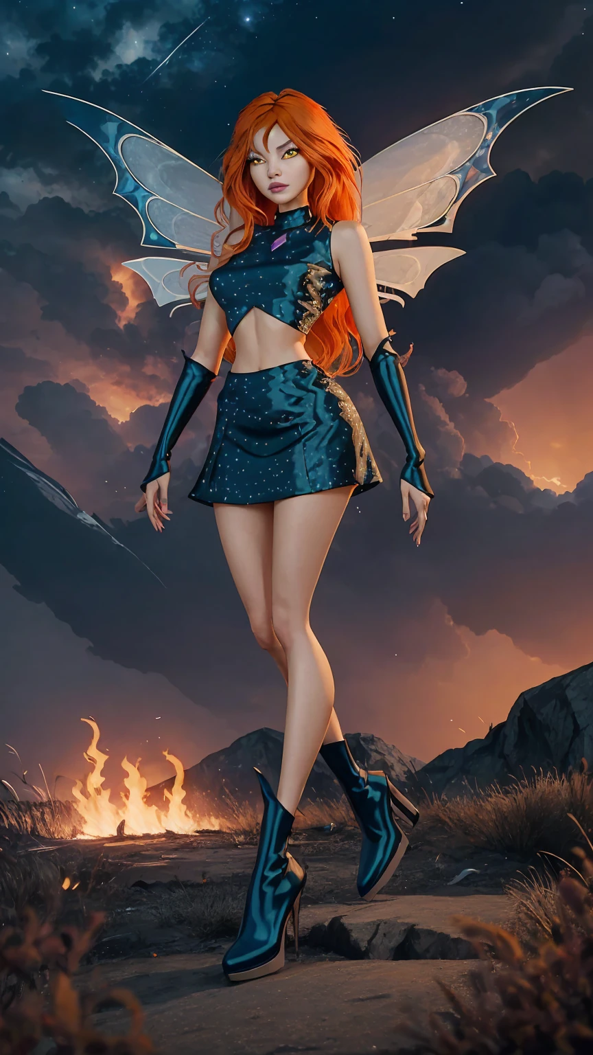 1girl, solo, ((pitiful)),Dark Bloom, orange hair, yellow eyes, boots, black skirt, gloves, black shirt, wings, sparkling clothing, masterpiece, best quality, Tweak_PrettyEyes:0.8 with a thunderstorm looming in the background, flock of migrating birds passing through, night sky, fire wings