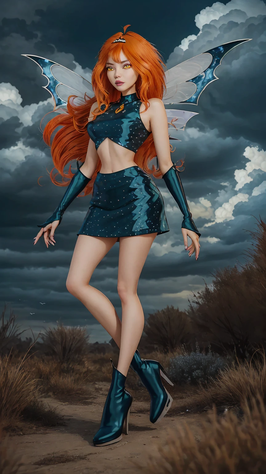 1girl, solo, ((pitiful)),Dark Bloom, orange hair, yellow eyes, boots, black skirt, gloves, black shirt, wings, sparkling clothing, masterpiece, best quality, Tweak_PrettyEyes:0.8 with a thunderstorm looming in the background, flock of migrating birds passing through