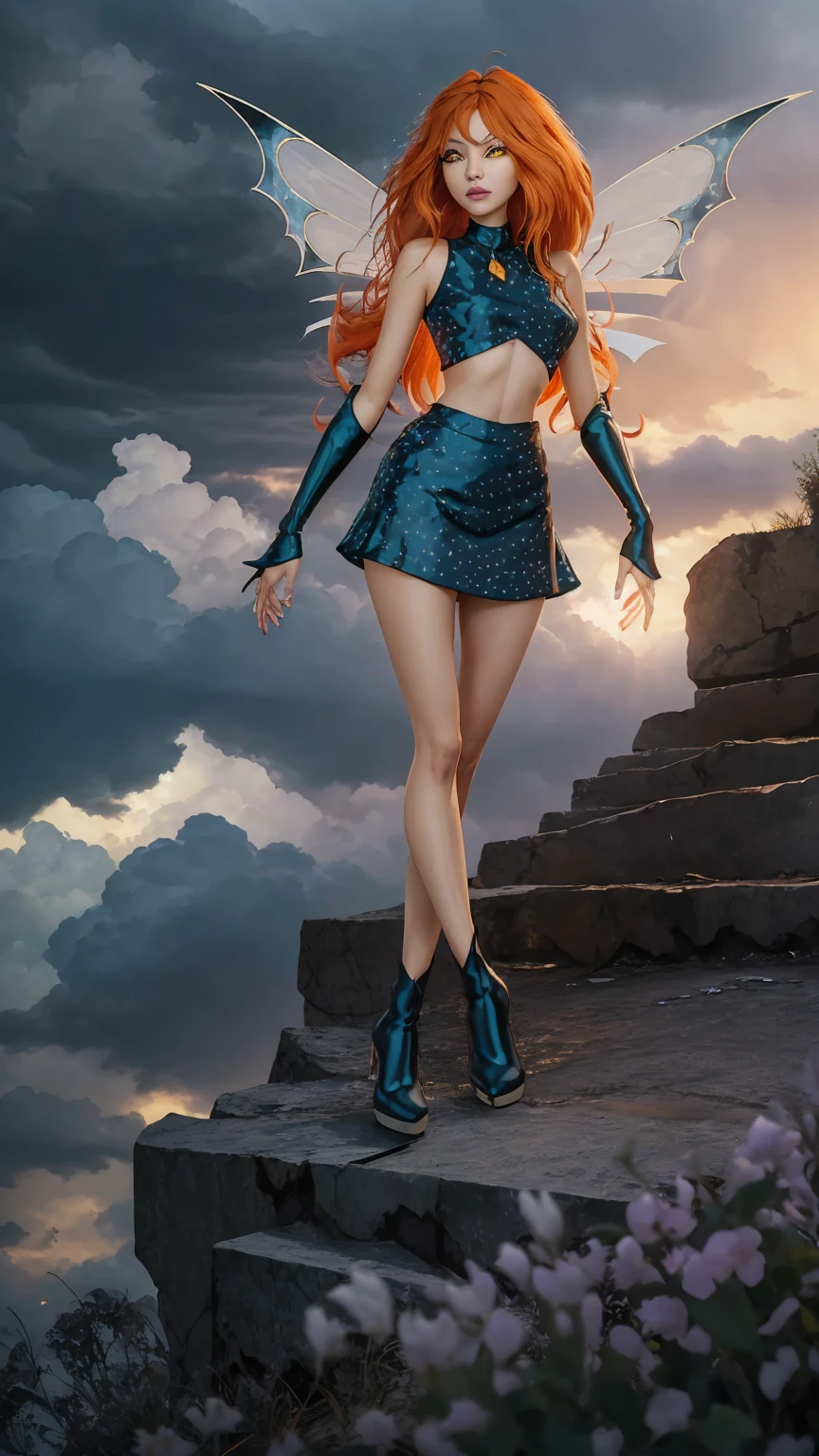 1girl, solo, ((pitiful)),Dark Bloom, orange hair, yellow eyes, boots, black skirt, gloves, black shirt, wings, sparkling clothing, masterpiece, best quality, Tweak_PrettyEyes:0.8 with a thunderstorm looming in the background, flock of migrating birds passing through