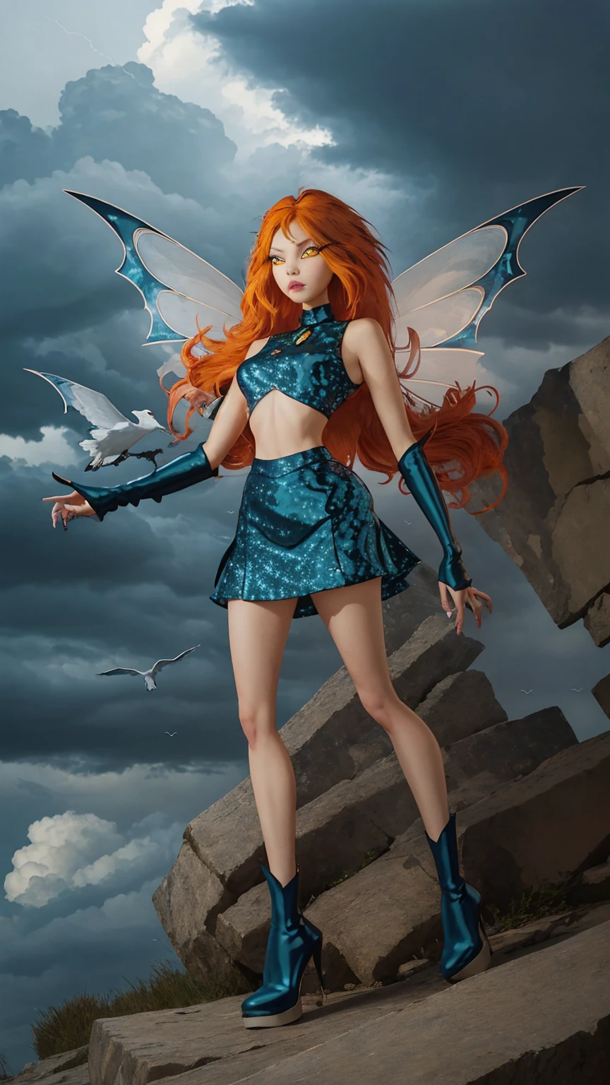 1girl, solo, ((pitiful)),Dark Bloom, orange hair, yellow eyes, boots, black skirt, gloves, black shirt, wings, sparkling clothing, masterpiece, best quality, Tweak_PrettyEyes:0.8 with a thunderstorm looming in the background, flock of migrating birds passing through