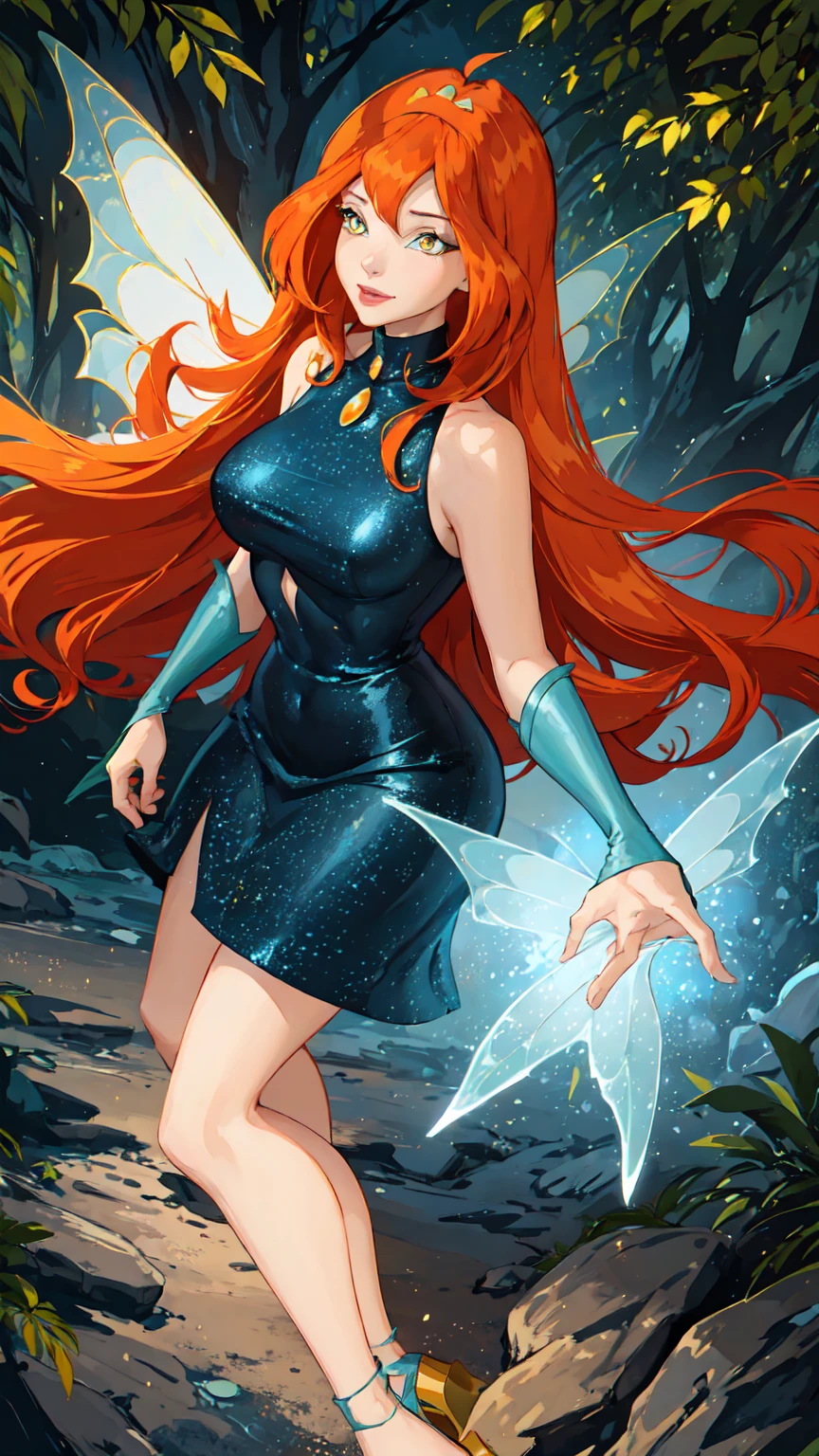 masterpiece, best quality, ultra-detailed, Bloom, milf, mature face, tall, thick, orange hair, bangs, long hair, fairy outfit, sleeveless, blue skirt, sparkling clothing, fairy wings, tiara, standing, smile, in the forest, cowboy shot, realistic, volumetric lighting, intricate details, tonemapping, sharp focus, hyper detailed, Hot cleavage, Big breasts, (((Dark Bloom))), (((yellow eyes))), (((black outfit)))